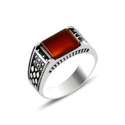 OLIVIE Pánský stříbrný prsten ČERVENÝ ACHÁT 5701 